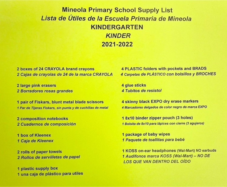 kindergarten School Supply List 2021